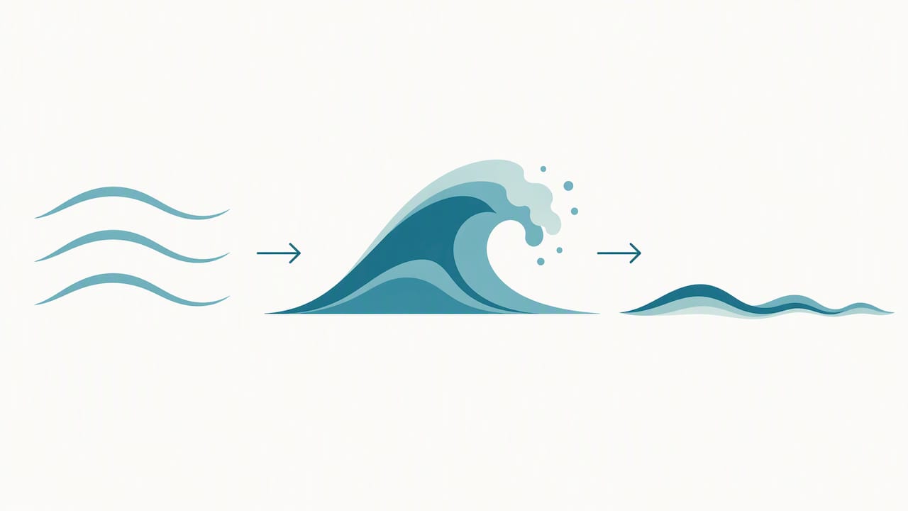 Breath arcs beside a wave easing into ripples